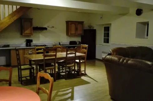Large living room with kitchen