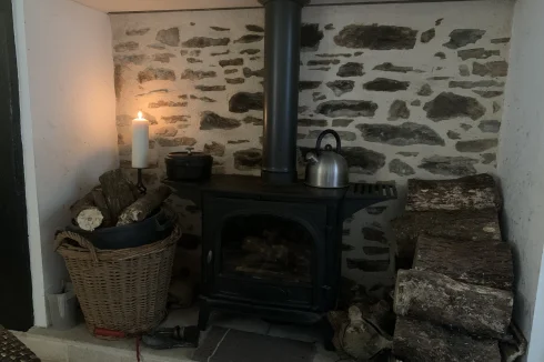 The chimney with a Stovax wood burner