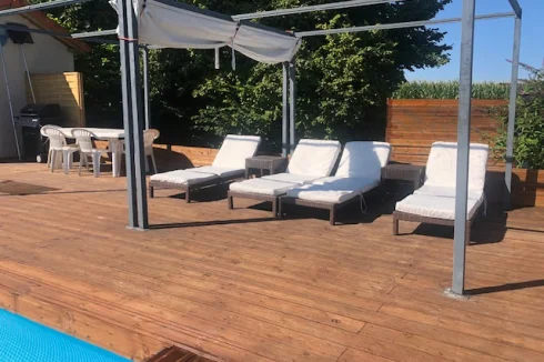 Pool, decking and sun shades