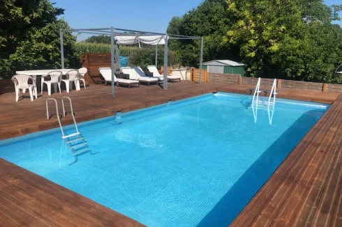 Pool, decking and sun shades